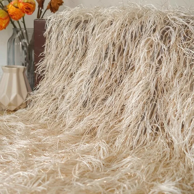 

1yard 3D tassel feather fabric Fashion tassel gold and silver wire tela Shirt and formal dress fabric for clothing