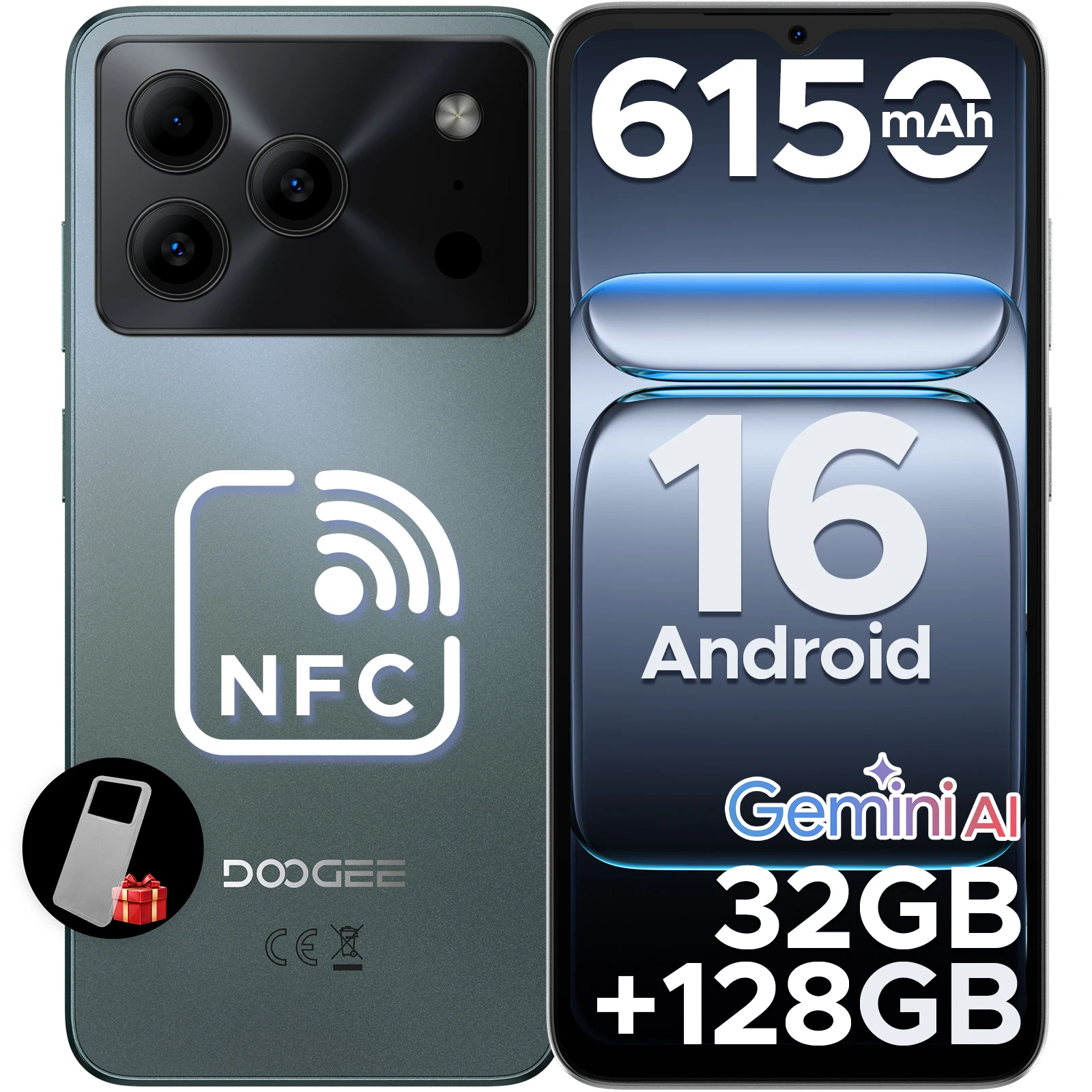 DOOGEE Note56 Pro Gemini Ai Smartphone 6150mAh Batterij Android 16 Mobiele Telefoon 32GB RAM(4+28) 128GB ROM 6.56” 90Hz Scherm 13MP+8MP Widevine L1 NFC Mobiele Telefoons