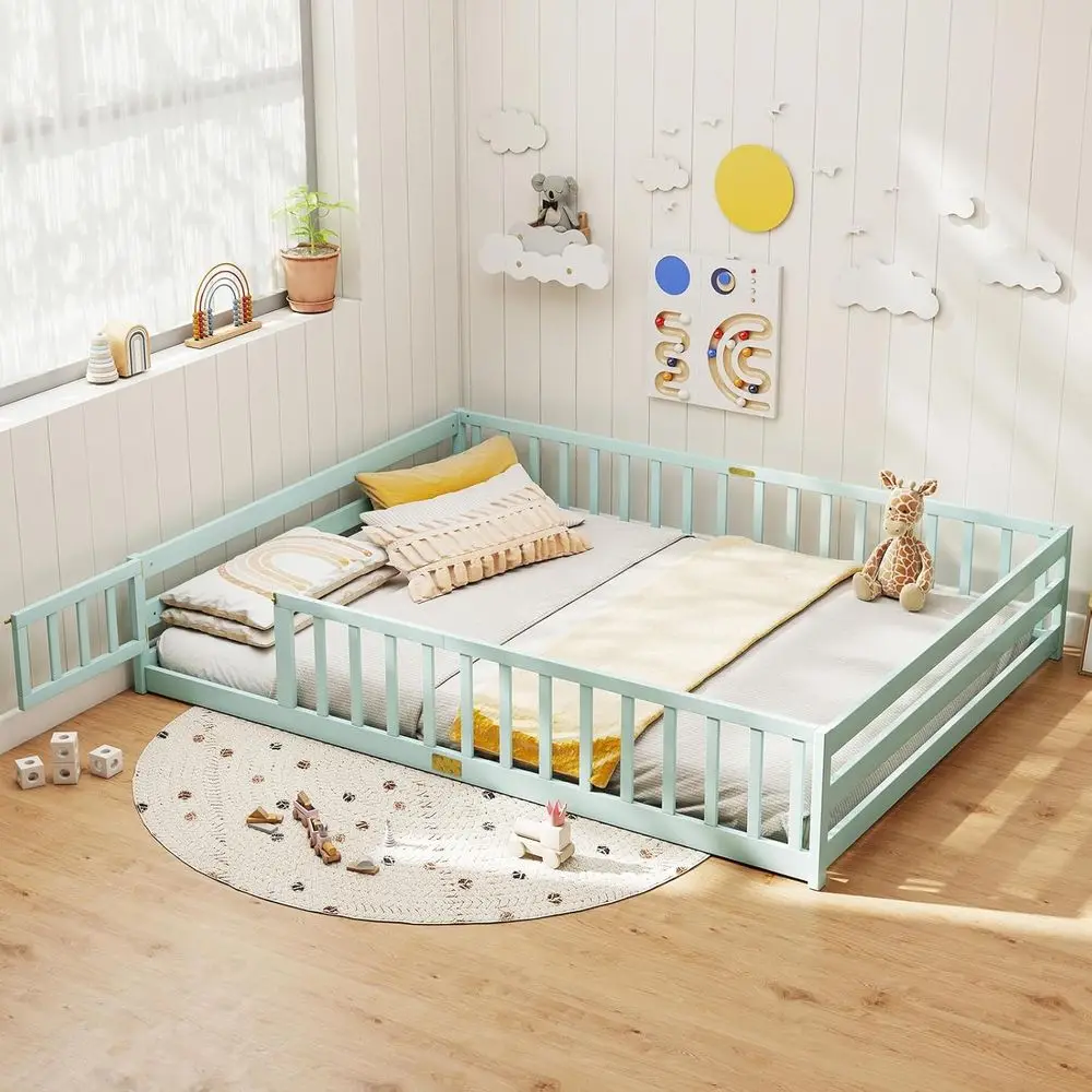 

Queen Size Wooden Floor Bed with Door and Entrance, Full-Length Safety Guardrails, Suitable for Kids and Teens in Light Green