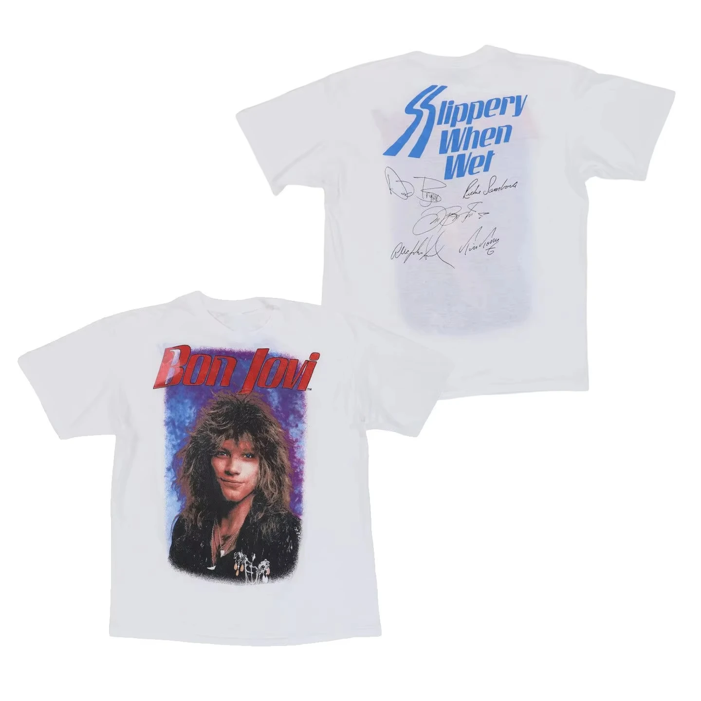 تي شيرت زلق عندما رطب بعناية زلق ألبوم روك بون جوفي روك تي شيرت طبقة أساسية من القطن الخالص للرجال والنساء