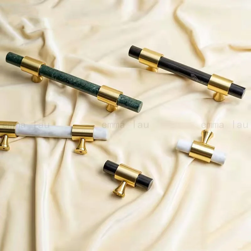 Natural Marble Handle With Solid Brass Base Furniture Handle Door Knobs T-bar Handles for Cabinet Kitchen Cupboard Drawer Pulls