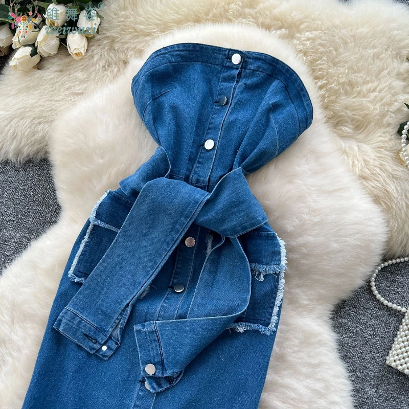 ผู้หญิง Retro Strapless DENIM ชุดเดรสแขนกุดเดี่ยว Lace Up Slim ฤดูร้อน Streetwear PARTY เสื้อผ้ากางเกงยีนส์เซ็กซี่ชุด