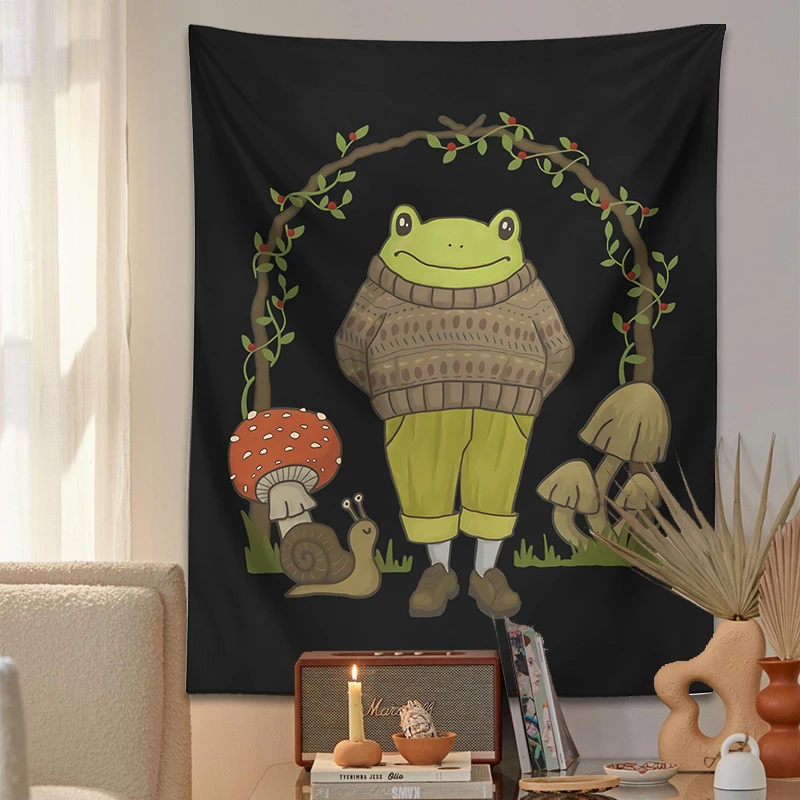 Frog mushroom Tapestry Wall Hanging Cartoon Aesthetic Frog Cute Cottagecore Froggy for Living Room Kids Room Bedroom Wall Art