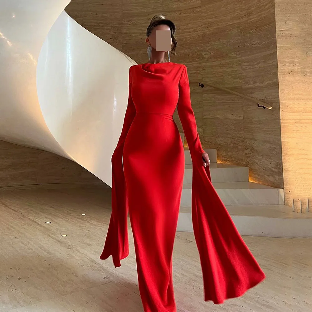 

AsaNagi Modest Evening Gown O Neck Draped Sleeves Mermaid Prom Dresses Party Bespoke Special Occasion Dress Slit Formal Gowns