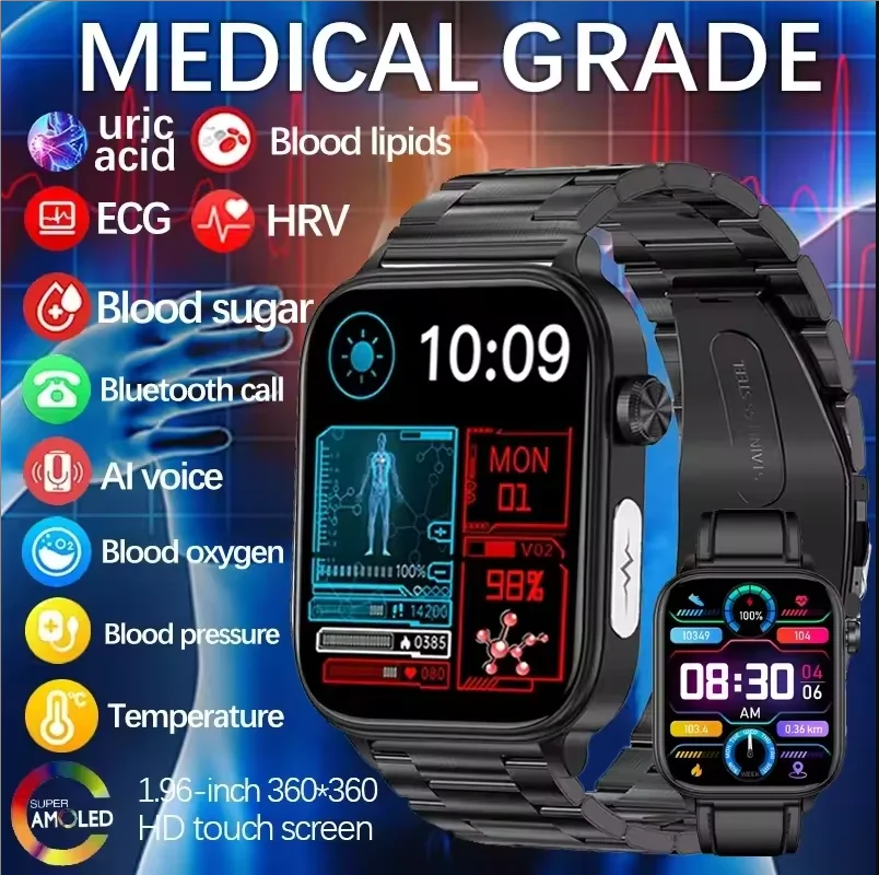 Nuevo reloj inteligente ECG + PPG de grado médico para hombres, glucosa en sangre, lípidos en sangre, monitoreo de ácido úrico, llamada Bluetooth, relojes inteligentes de salud