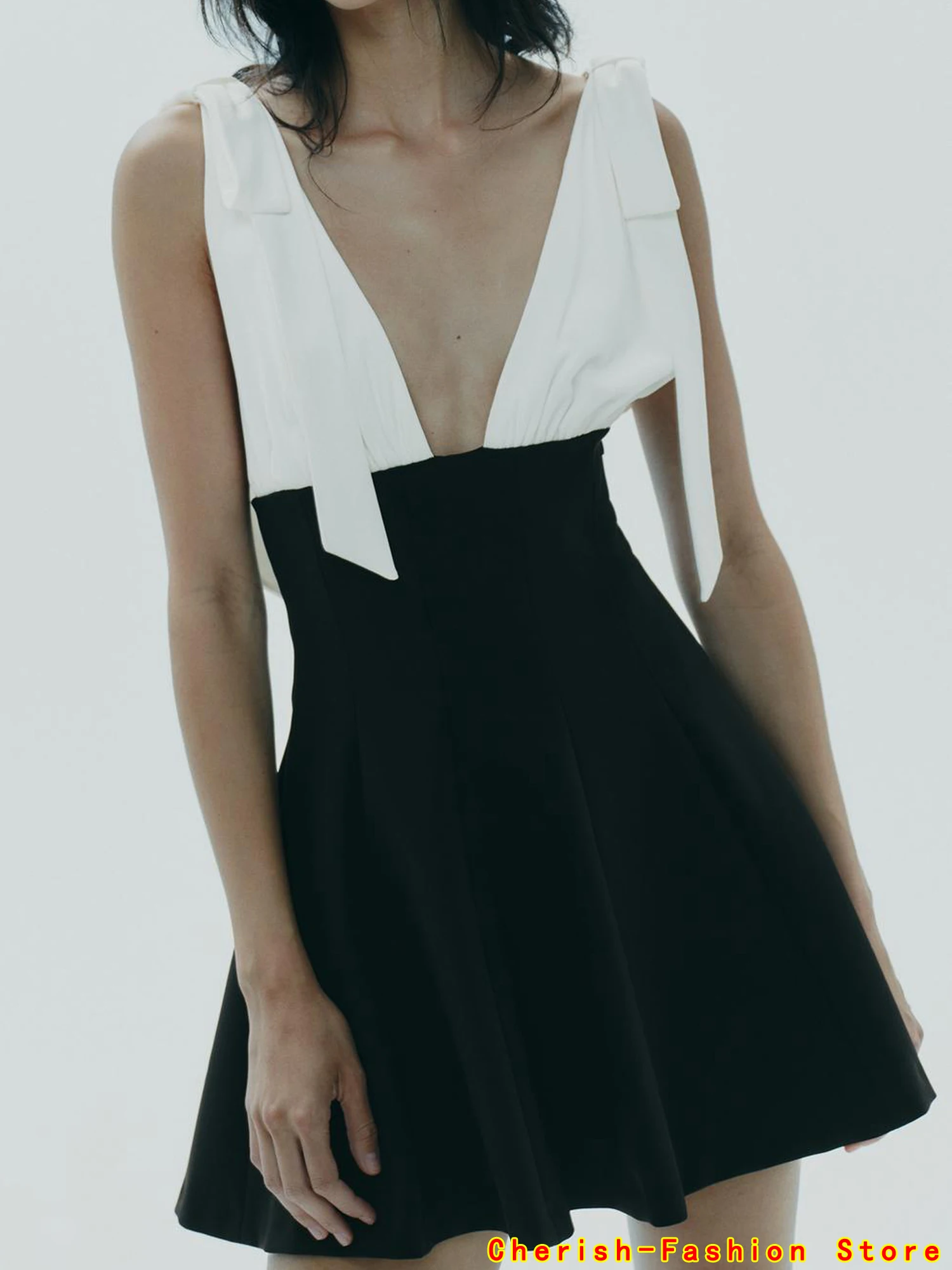 2025 Vrouwen Zomer Mini Jurk Mode Zoete Patchwork Boog V-hals Vrouwelijke Elegante Straat Tank Jurken Kleding Boog Sjerp Elegante Hot