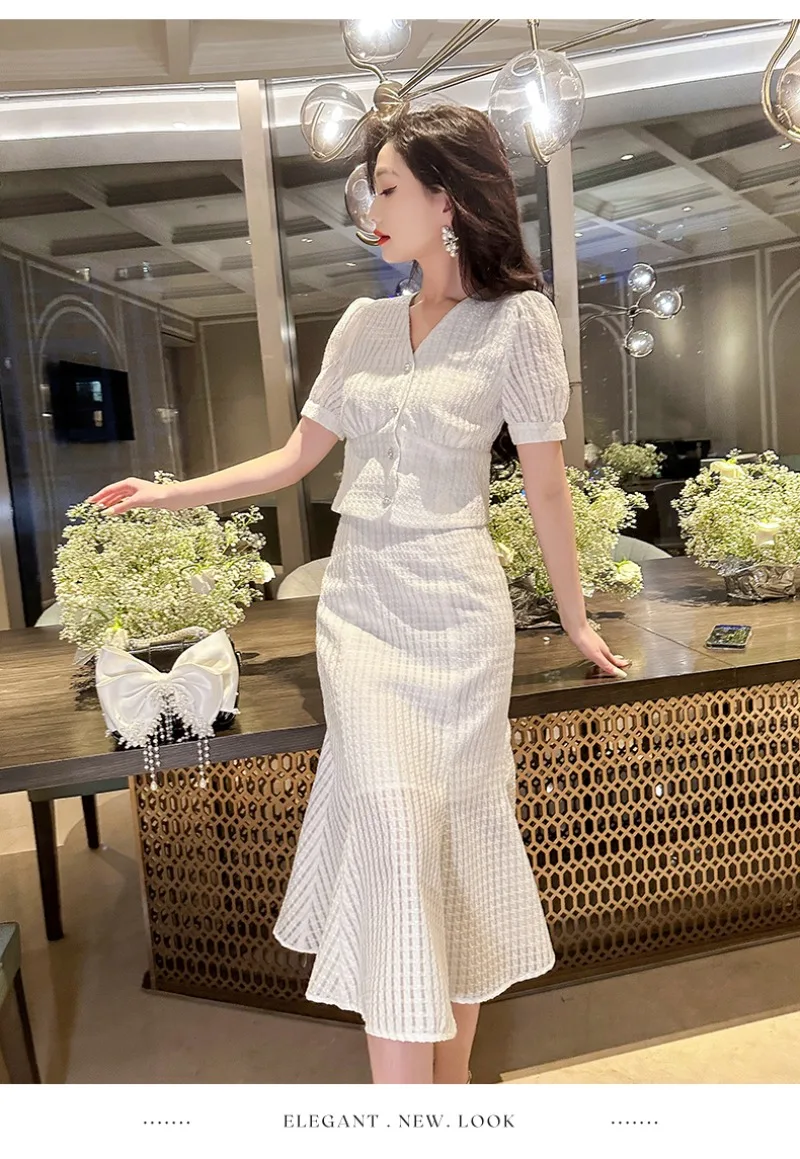 New Temperament Summer Mesh Two Piece Set Women White V-neck Puff Sleeve Top Shirt + Fishtail Bodycon Skirt Elegant Women\'s Suit