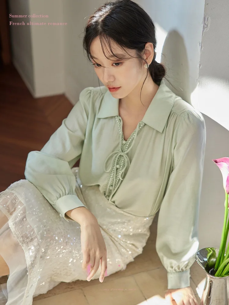 

Женская винтажная блузка Moriirose Pearl с поясом, светло-бежевая, с длинными рукавами, отложным воротником и рукавами-фонариками