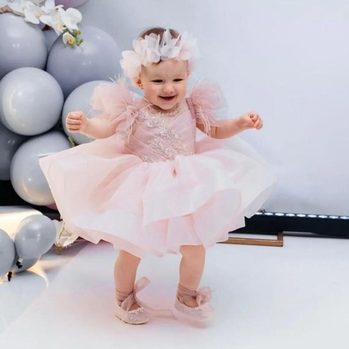 

Pink Feather Baptism Girl Dress Beading Christening Gown Baby Baptism Handmade Blessing Dress