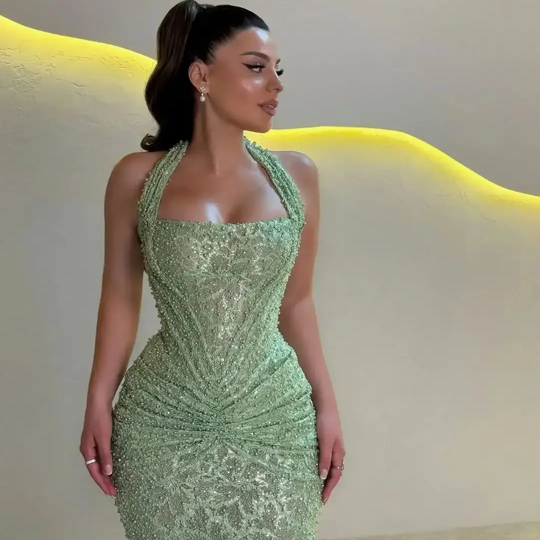 Mint Green Beading Pearls Lace Mermaid Prom Dresses Luxury Sexy Stunning Halter Formal Charming Evening Gowns Customized