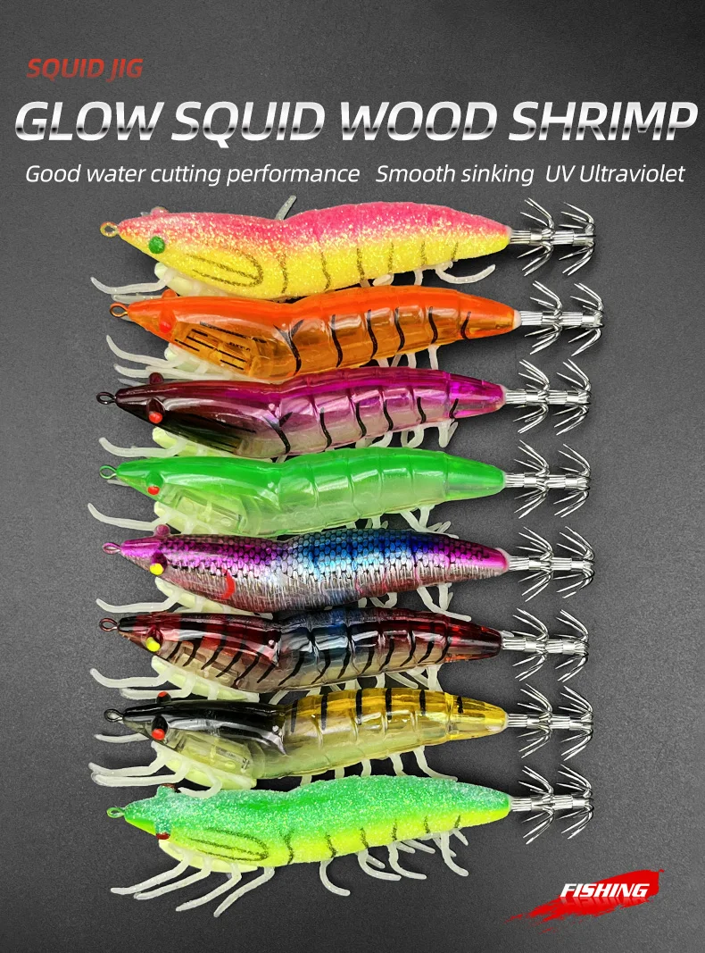 ShareShark 8-teiliges Set Leuchtende Weiche Garnelen-Jigs, Harte Angelköder, Garnelen-Tintenfisch-Haken, Holz-Garnelenköder, Angelköder-Set – Detail 1