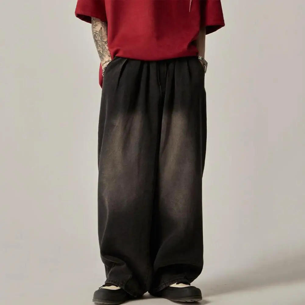 Celana Denim pria Distressed, Jeans kaki lebar gaya jalanan dengan pinggang elastis desain tertekan tirai trendi untuk modis