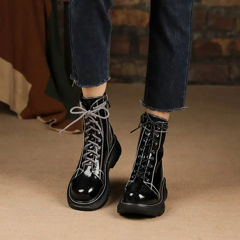 Krazing Pot Wool Cow Leather Round Toe Med Heels Snow Boots Cold-resistant Fur Deign Brand Retro Fashion Lace-up Ankle Boots image 5