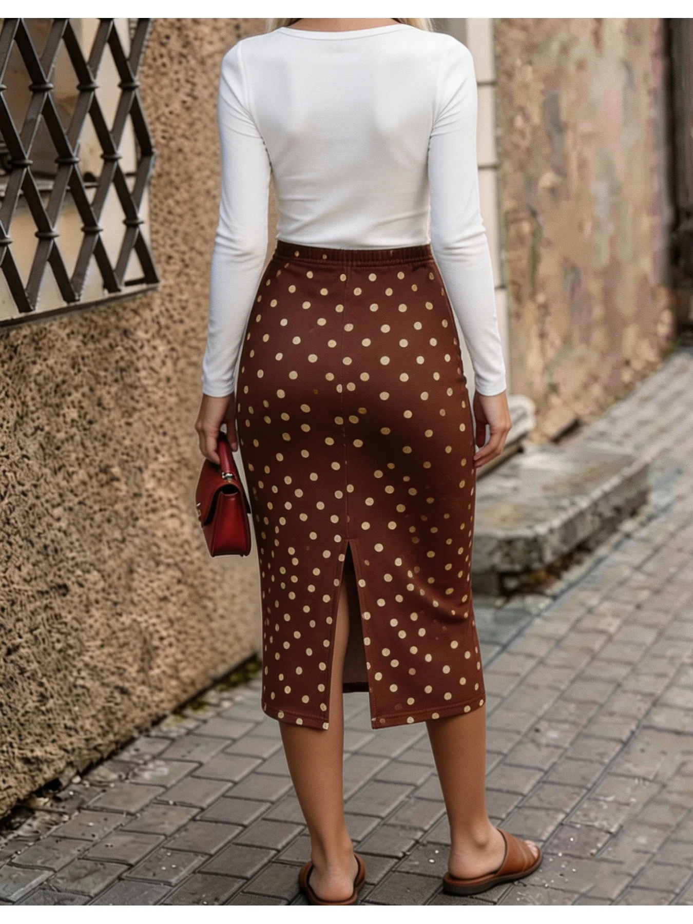 Women's Casual Solid Color Square Neck Long Sleeve T-Shirt Top Elastic Waist Skirt Set Cinched Waist Wave Point Design