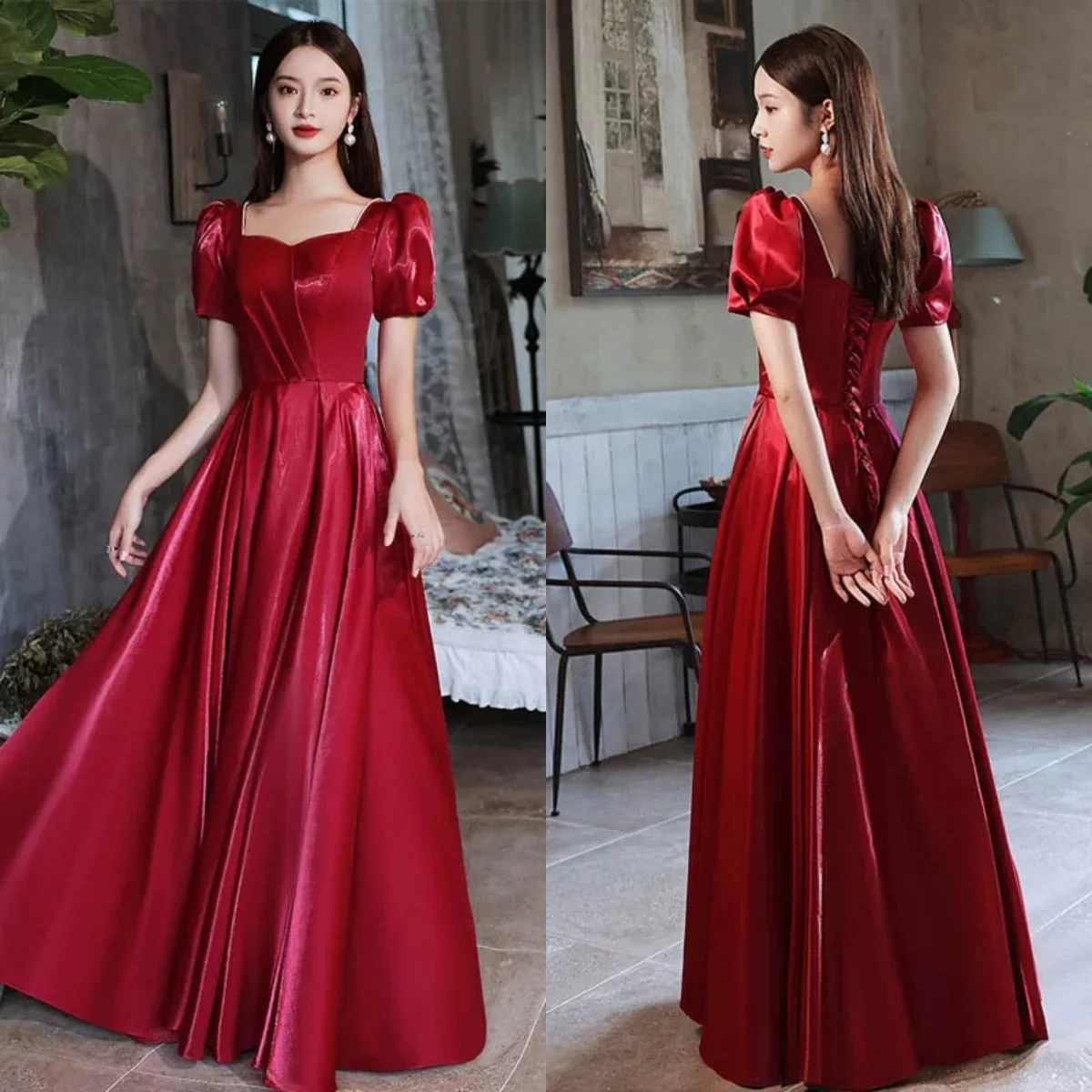 

Evening Dresses Burgundy Shinny Satin Square Collar Short Sleeves Floor-Length Lace Up A-Line Woman Formal Party Gowns Plus size