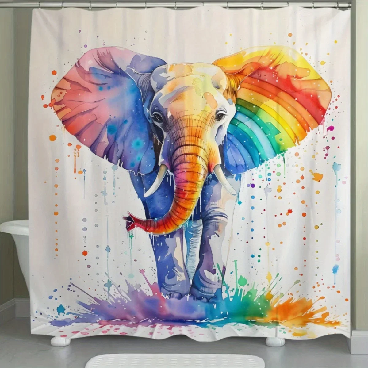 

1pc Vibrant Elephant Watercolor Shower Curtain - Digital Printed Polyester, Non-Perforated Bathroom Partition with Colorful Spla