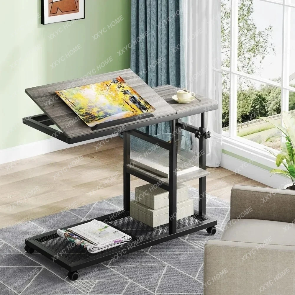 Height Adjustable End Table with Wheels and Tiltable Drawing Board, Sofa Bedside Laptop Stand, Height Adjustable C Table