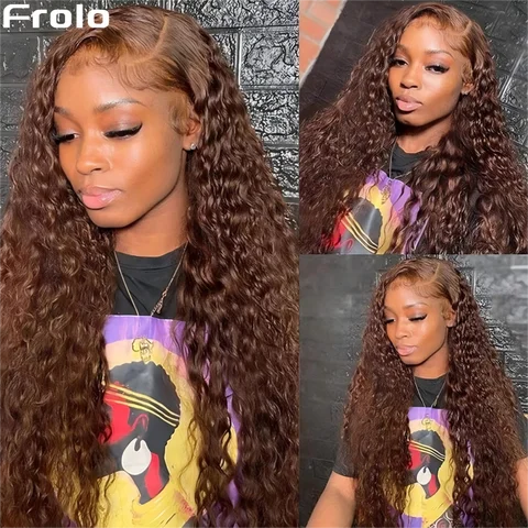 Chocolate Brown Human Hair Wigs 100% 13X6 Hd Lace Frontal Wig Curly Deep Water Wave Lace Front Wig Brazilian 250 Density 30 Inch
