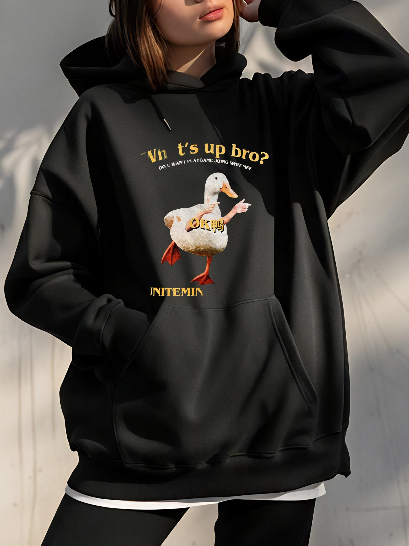 かわいいアヒルプリントパーカー女性ファッションカジュアルスウェットシャツ秋冬ストリートグラフィックプルオーバー女性プラスサイズ生き抜く