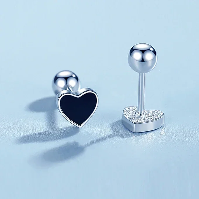 One Piece 925 Silver Samll Black Heart Screw Puncture Stud Earrings for Fashion Women Fine Jewelry Minimalist Accessories