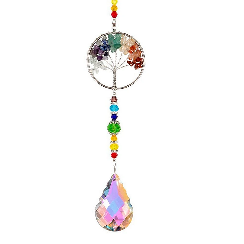 7 Chakra Stones Amethyst Chips Crystal Sun Catcher Metal Tree of Life Charm Wall Decor Hanging Pendant Wind Chimes Dropship