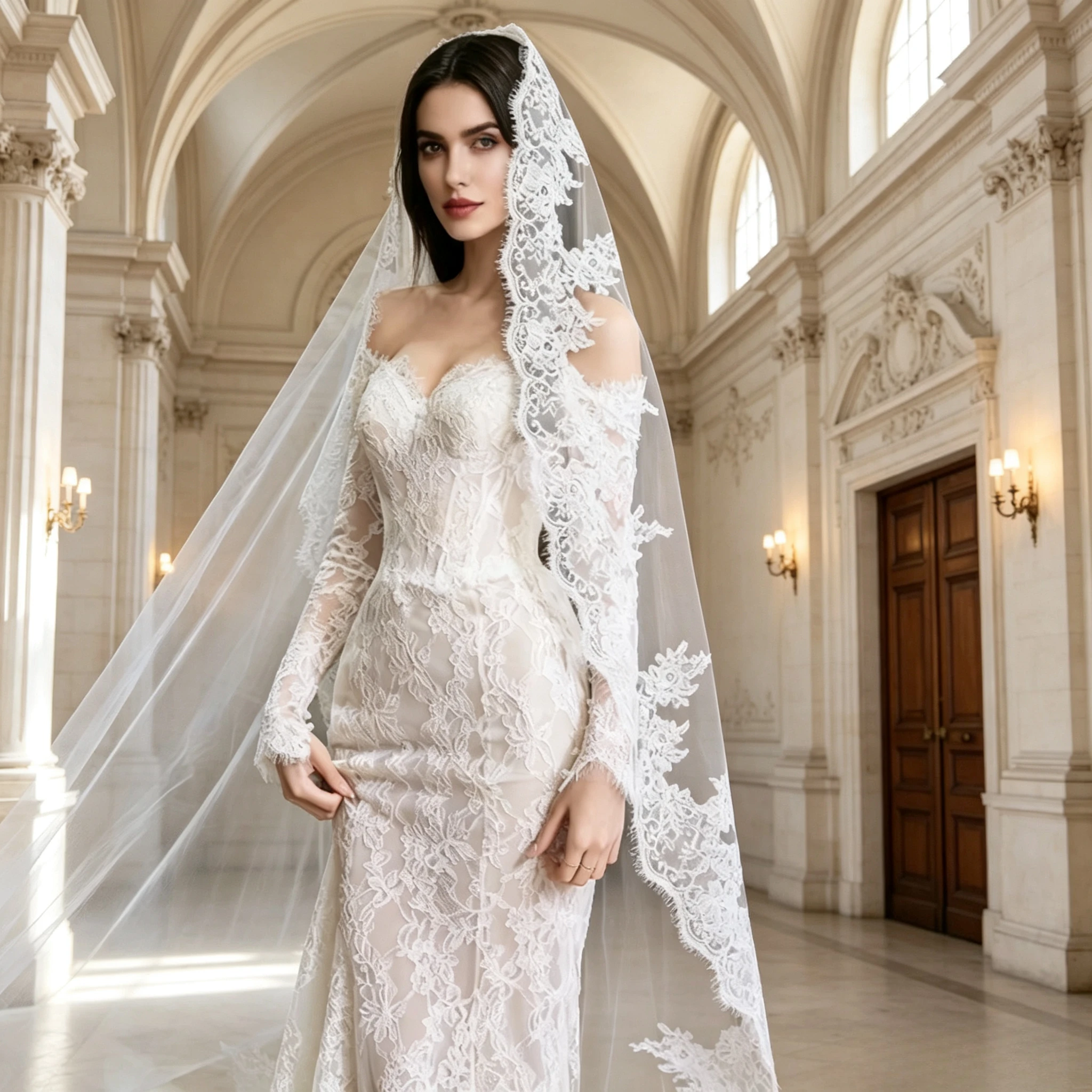 Velo de novia estilo mantilla, 3 metros, largo, de una sola capa, con encaje, color blanco hueso, ideal para complementar el vestido de novia.
