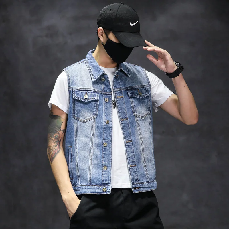 2024 Men's Denim Vest Spring and Summer Leisure Fashion Polo Collar Denim Vest