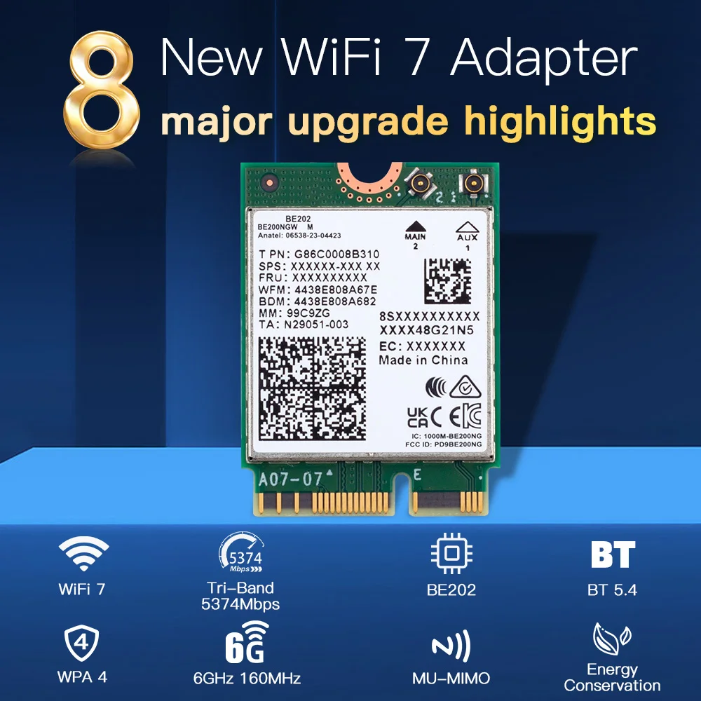 블루투스 5.4 트라이 밴드 무선 어댑터, WiFi7 BE202NGW 네트워크 카드, 5374Mbps, 2.4G, 5G, 6GHz, BE202 M.2 NGFF, Win10/11