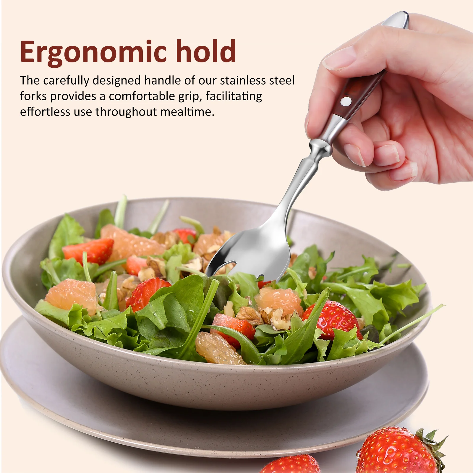 

4pcs Wooden Handle Cutlery Stainless Steel Sporks Reusable Salad Forks Glossy Finish Ergonomic Long Handle For Dessert Fruit