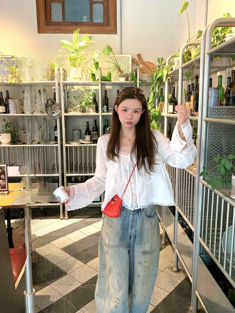 

Женская блузка CheerioBan Sun eeting Early Morning с кружевными вставками и вырезами, в стиле будуар, французский стиль, свободный крой, длинный рукав, на пуговицах