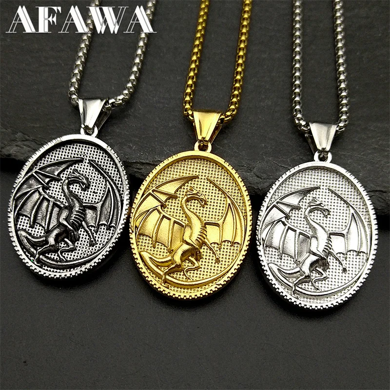 

Vintage Fantastic Western Dragon Medal Pendant Necklace for Women Men Stainless Steel Gold Silver Color Punk Jewelry Gift