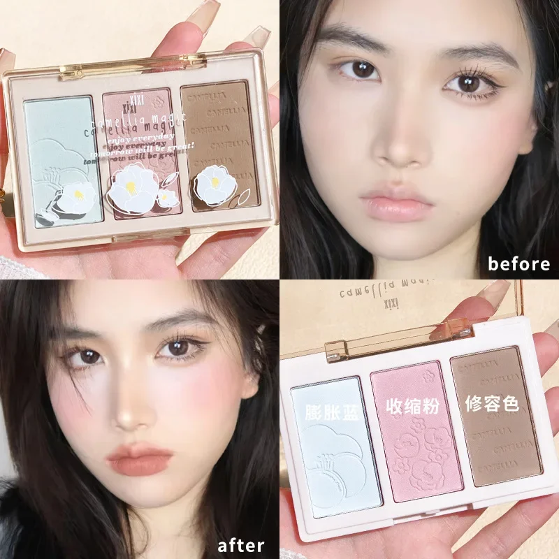 Xixi chá flor nai placa de pó de três cores, flash fino iluminando blush alto brilho placa integrada de aliciamento