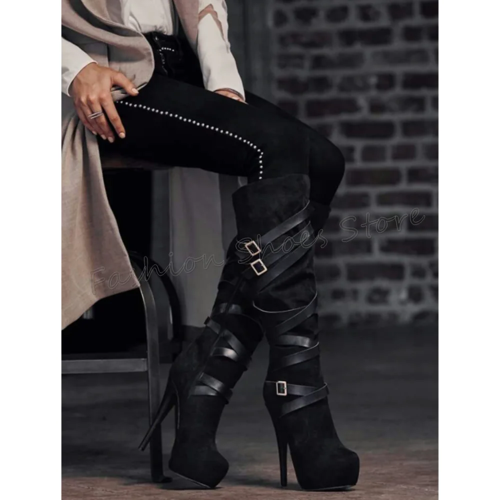 

Black Buckle Decor Side Zipper Platform Boots Women Shoes Stilettos High Heels Party Banquet Dating 2025 Zapatos Para Mujere