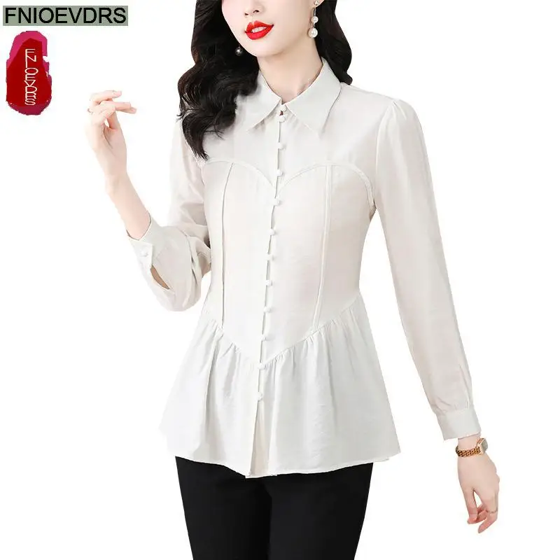 S-3XL 2023 Vrouwen Europese Stijl Kantoor Dame Werk Formele Basic Shirt Ruches Buik Tuniek Peplum Top Blouses