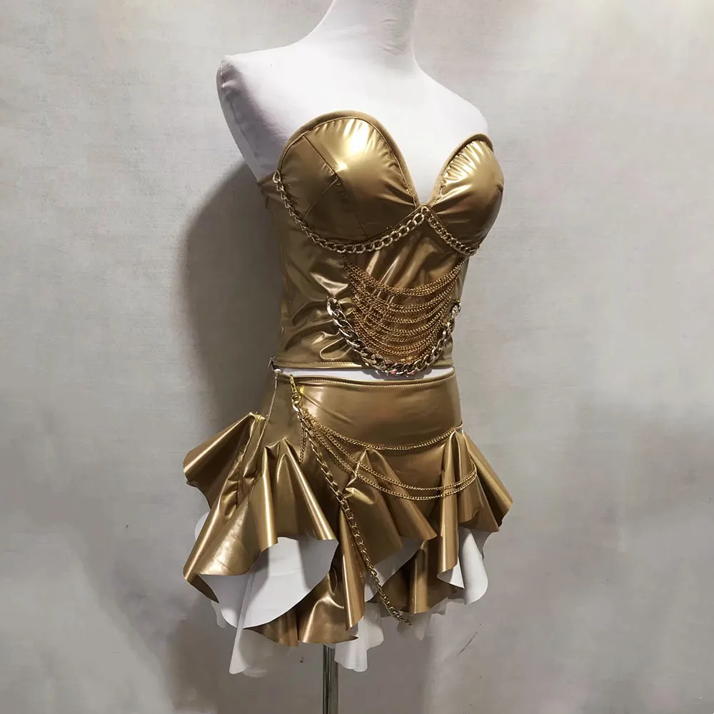 ゴールドパテントレザーストラップレストップスミニスカートスプリットセット女性歌手ダンサーパフォーマンス衣装バーナイトクラブセクシーなステージ着用