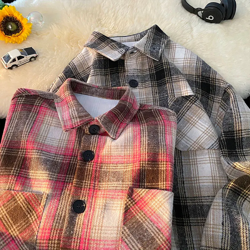 Japan and Korea Streetwear Long-sleeved Shirt 2024 Autumn Oversized Men\'s Casual Shirts Stylish Color Clash Plaid Shirt