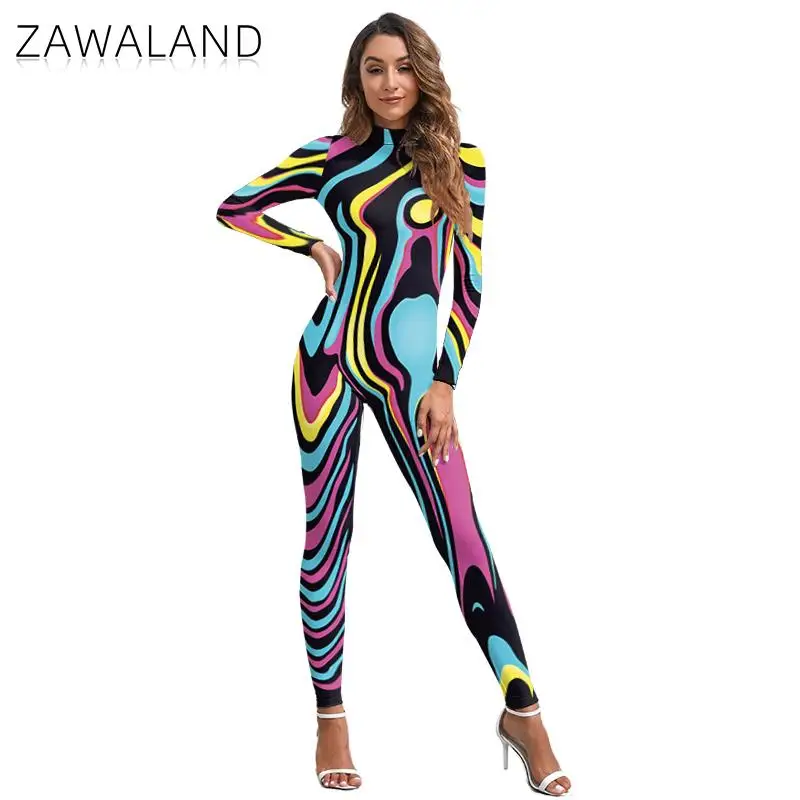 Zawaland Fashion Zentai Women Long Sleeve Cosplay Bodysuit 3D Printing Color Line Costumes Carnival Female Catsuit Jumpsuit