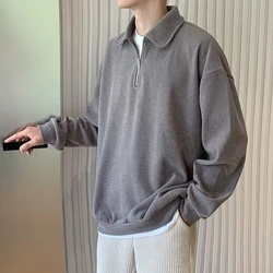 Lapel Zipper Sweater Knitwear Solid Color Pullover Men's Jumpers Vintage Long Sleeve Polo T-Shirts Japanese Oversized Sweater