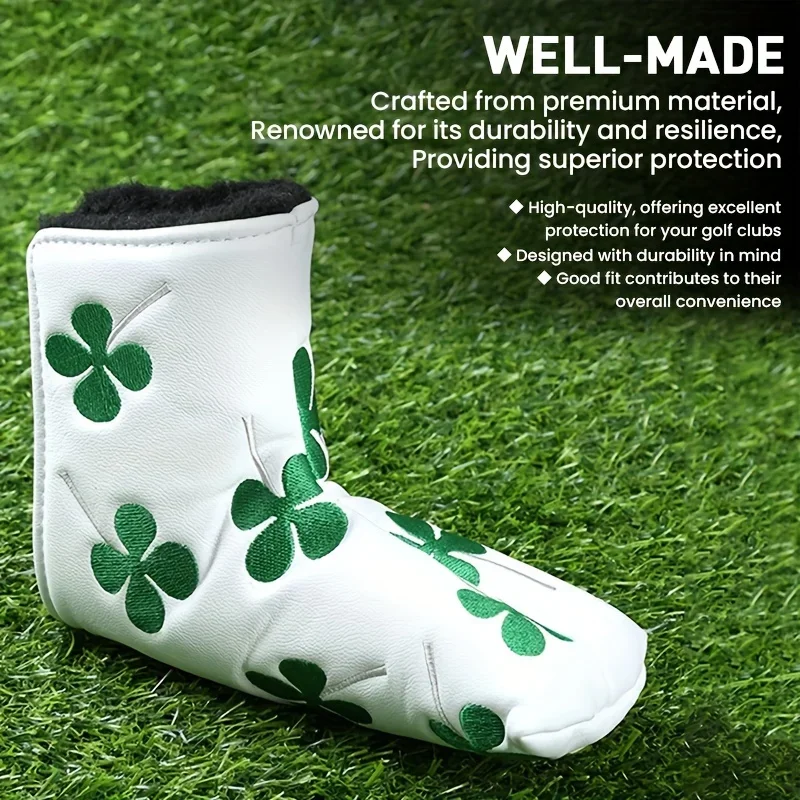 1 Piece PU Leather Clover Embroidered Golf Putter Head Cover with Hook and Loop Closure