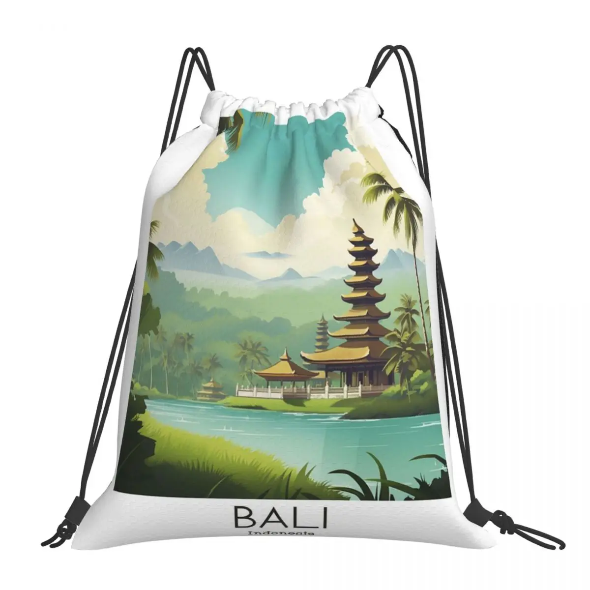 

A Vintage Travel Illustration Of Bali - Indonesia Backpacks Drawstring Bags Drawstring Bundle Pocket Sports Bag Book Bags