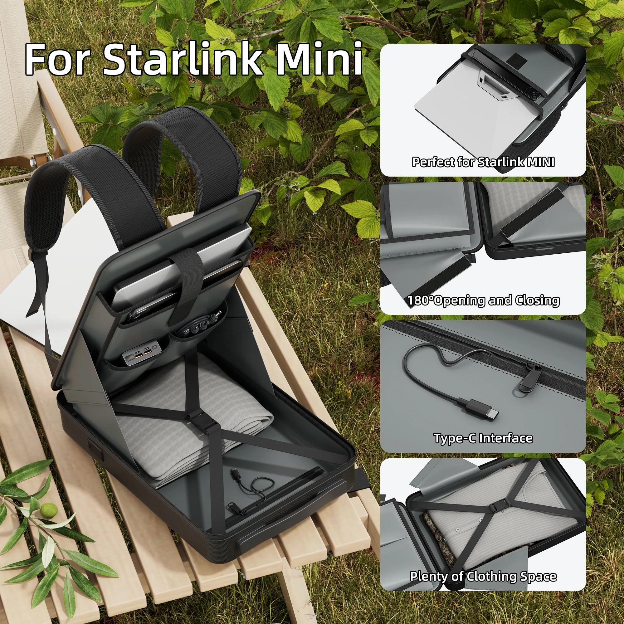 Starlink Mini Backpack Hard Shell Waterproof Black Large Modern Unisex TSA Combination Lock USB Charging Port