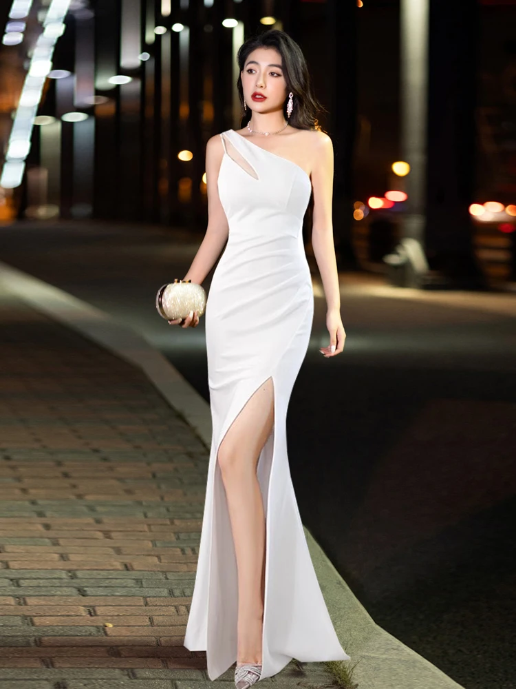 Eveningdressdressfemininetemperament Light Luxuryniche Design Senseone Shoulder Fishtail Host Banquet Fishtail Dressparty Resses