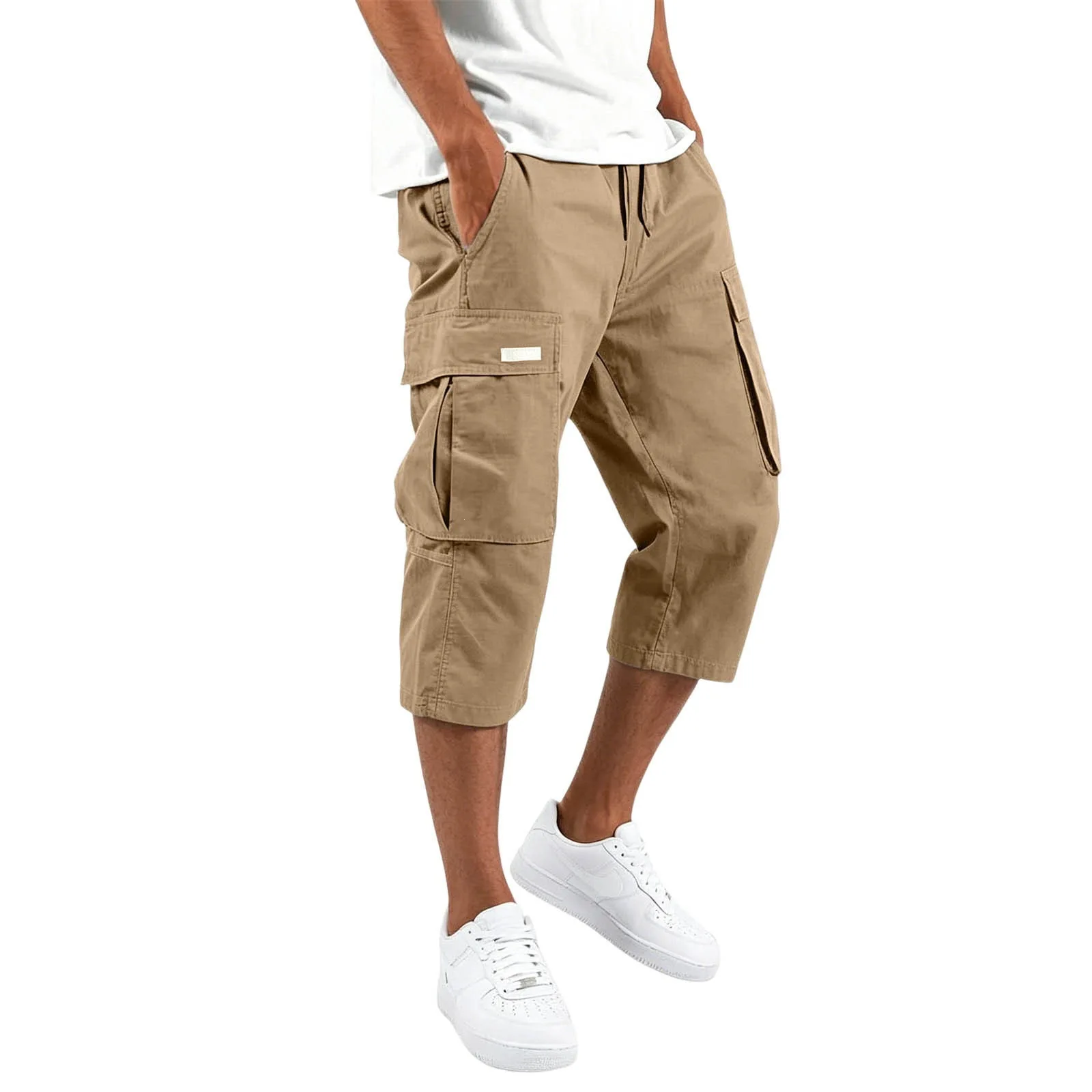2026 Herren Solide Cargo Capri-Shorts mit Kordelzug, elastischem Bund, mehreren Taschen, lockerer Passform, knielang, für den Sommer, Freizeit, lange Shorts – Detail 4