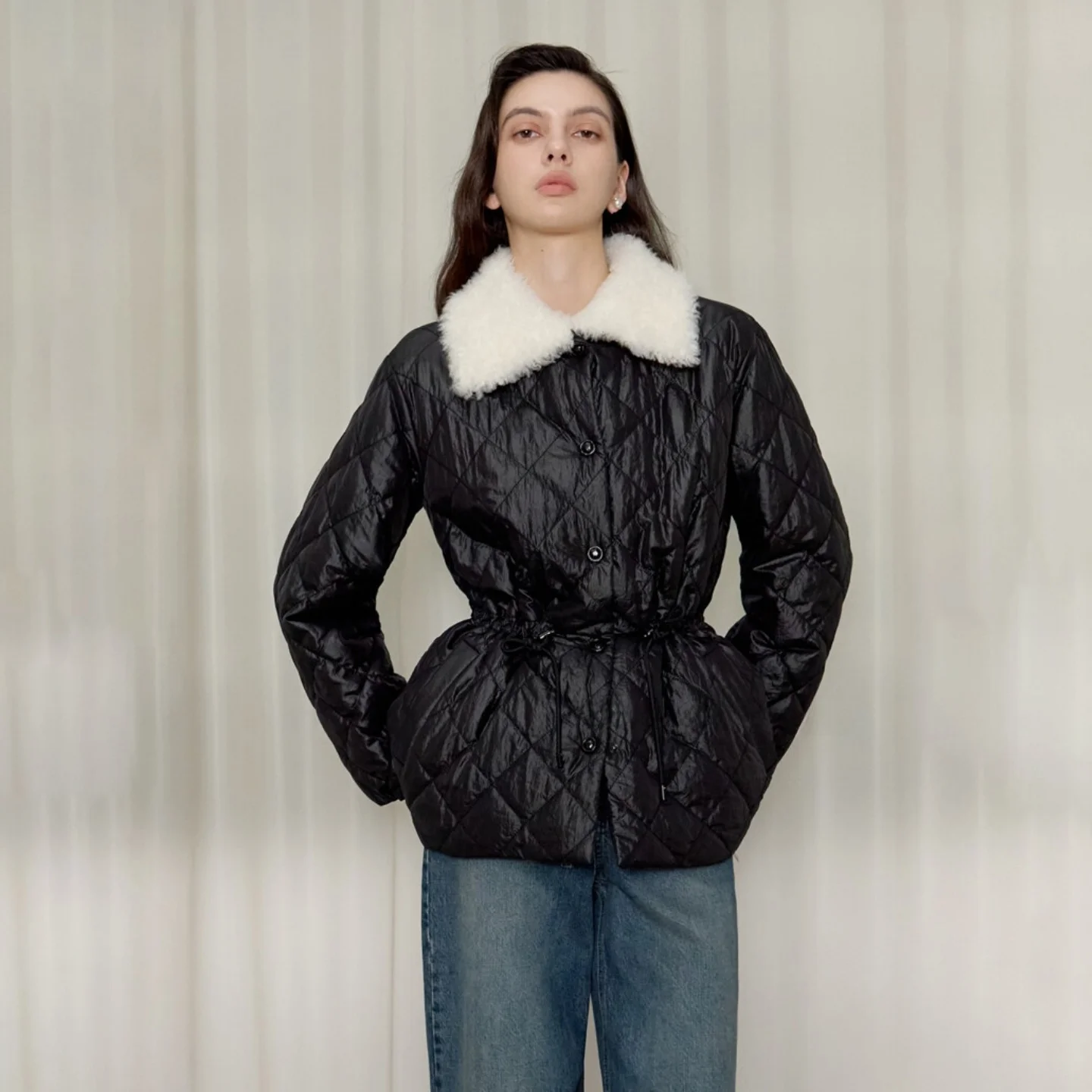 

Warm Cotton Jaet Winter Commute Sle Belted Collar Patchwork Coat Korean Version Long Sve Thiened Outerwear