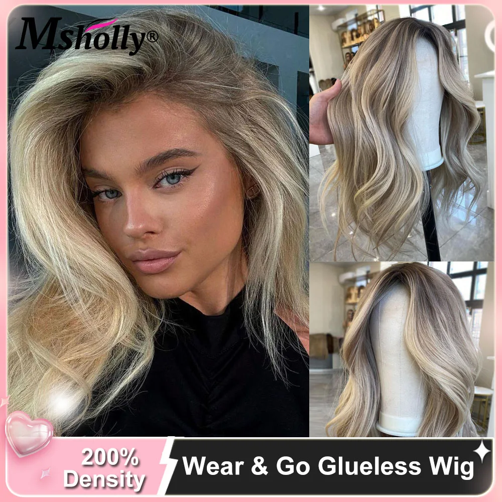 Msholly Cream Grey Blonde Body Wave 100% Human Hair Pre Cut Lace White People Wig 5x5 Glueless Lace Front Wig 200% Density Wigs