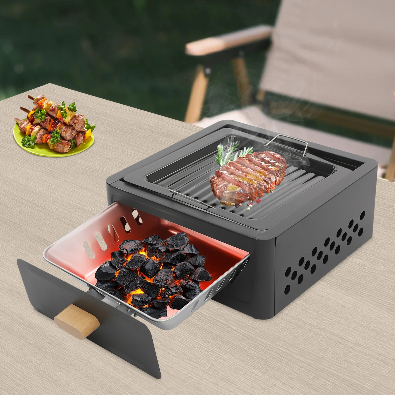 

Black, Outdoor Charcoal BBQ Grill, Square Tabletop BBQ Stove, Barbecue Grill for Outdoor Camping Picnics Cooking, 31*31*13.5 cm