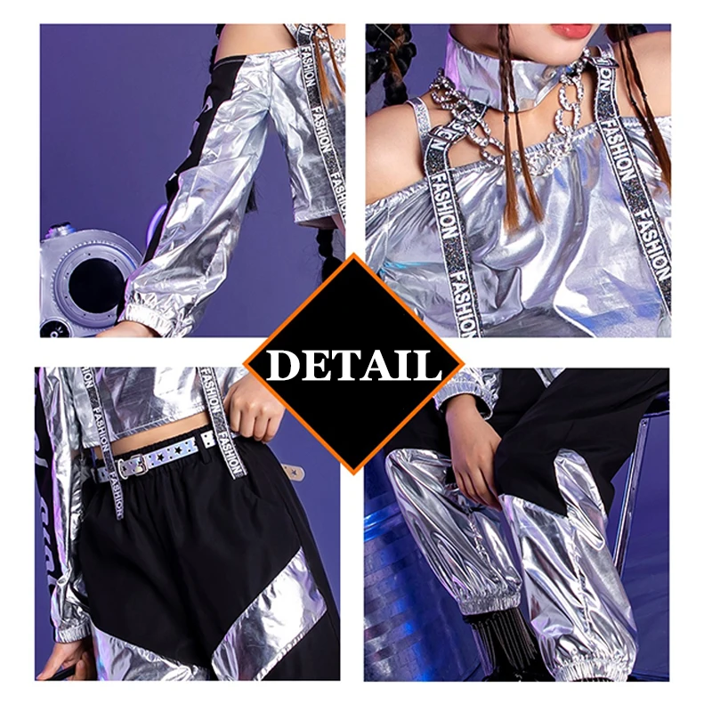 2023 Silver Hip Hop Street Dance Performance Costume Kpop Clothing Tops Pants Jazz Dancing Outfit Cheerleading Clothes YS5251