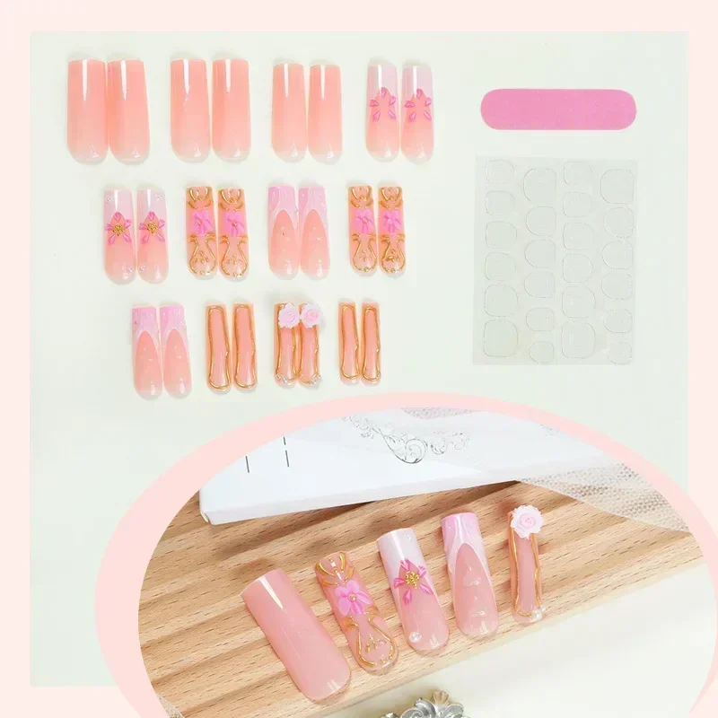 24Pcs Long Pink False Nails French Fake Nail with Camellia 3D Designs Detachable Press on Nails Coffin Ballet Full Over Nail Tip