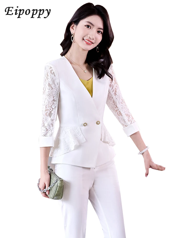 

Black White Pink Purple 2 Piece Set Summer Pant Suit Women Office Ladies Formal Business Work Wear Blazer and Trousers