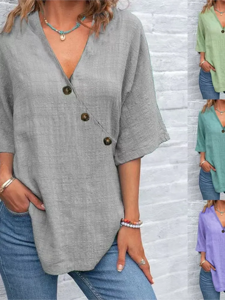 قميص نسائي جديد قميص فضفاض غير رسمي سادة موضة الصيف رقبة على شكل V أنيق بأكمام قصيرة قمصان للحفلات ملابس نسائية